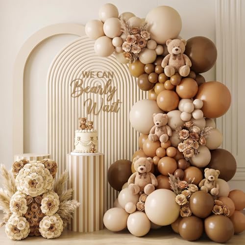 Image of RUBFAC 135pcs Brown Balloons Different Sizes Pack of 18 12 10 5 Inch, Latex Boho Neutral Coffee Tan Balloon Garland Arch Kit for Baby Shower Jungle Safari Fall Birthday Bear Themed Party Decorations