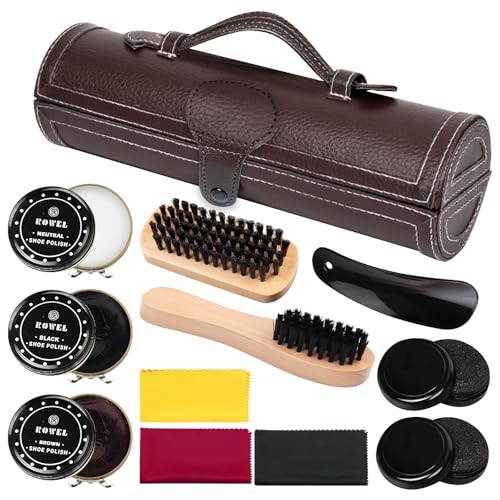 Vegena Juego De 12 Piezas Cuidado de Zapatos - Con Cepillos para Zapatos, Crema para Zapatos, Paño de Pulido, Calzador, Esponja, Kit de Cuidado para la Limpieza y Pulido de Zapatos de Cuero