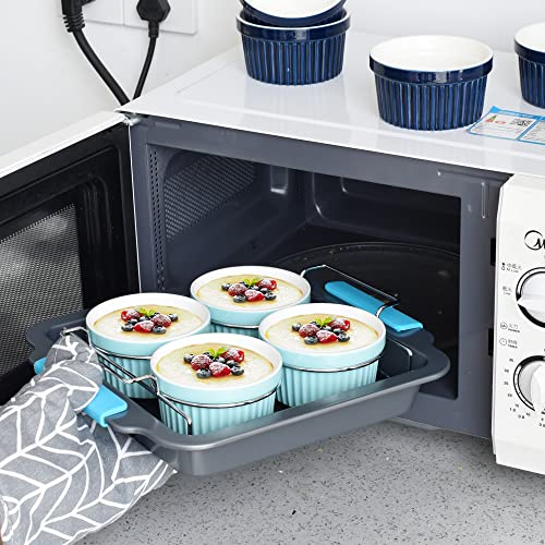 Kitcom Creme Brulee Making Set - 11.9" X 10.5" Carbon Steel Pan With Stainless Steel Lifting Rack & Silicone Handles, 4 Porcelain Ramekins 6 Oz #TOP3