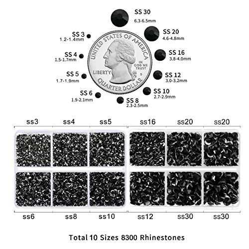 Image of Beadsland 8300PCS Flatback Rhinestones, Black Rhinestone Round Crystal Rhinestones for Crafts, Mixed 10 Sizes with Wax Pencil and Tweezer Kit, SS3-SS30, Jet Black | Crystal Rhinestone Round, for Crafts Nails,With Wax Pencil and Tweezers Kit, SS3-SS30, Jet Black