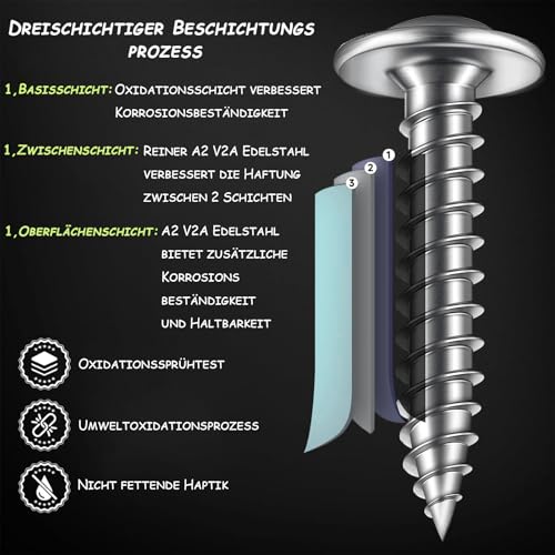 ORTAVA Blechschrauben M4 x 10 mm, 50 Stück Holzschrauben Edelstahl A2 V2A Flachkopf mit Scheibe Kreuzschlitz mit Bohrer, Selbstschneidende Schrauben Silber Oxid, Tellerkopfschrauben Vollgewinde