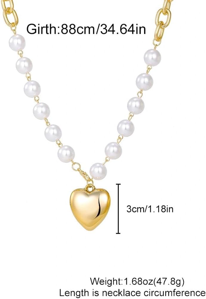 Long Gold Heart Pearls Pendant Necklace for Women,Layered Puffy Love Pearl Link Chain Necklaces,Personalized Valentine's Day Jewelry Accessories Gifts - Image 3