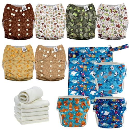 Image of Mama Koala 3.0 Baby Cloth Diapers with 6 Inserts Bundle(A-My Warm Heart), with 3 Pack Reusable Swim Diapers and a Wet Dry Bag