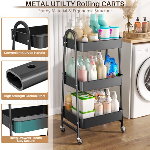 StowBin 3 Tier Metal Storage Trolley with Wheels – Rolling Utility Cart with Handle and Mesh Shelves for Kitchen, Bathroom, Office – Black