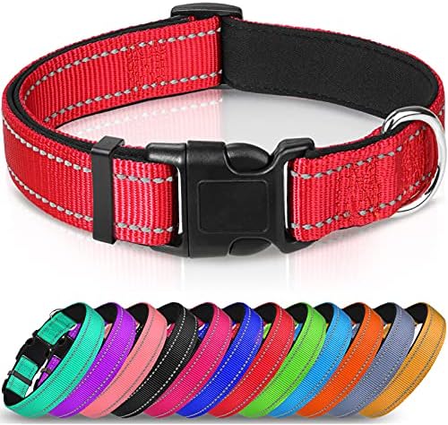 Joytale Reflective Dog Collar,Soft Neoprene Padded Breathable Nylon Pet Collar Adjustable for Large Dogs,Red,L