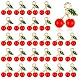 Xelsluthe 60 PCS Red Cherry Charms Enamel Fruit Charms Bulk Red Cherry Pendants Golden Metal Alloy Fruits Food Cherries Cherrys Charm for Jewelry Making Bracelet Necklace Earrings, DIY Crafts