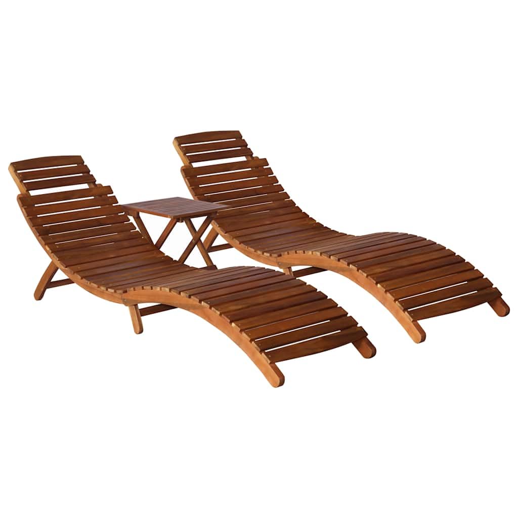 3-częściowy zestaw leżaków ogrodowych ze składanym stołem z litego drewna akacjowego, do leżaków plażowych i obszarów wellness, odporny na warunki atmosferyczne, regulowany, idealny na taras