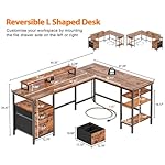 Furologee 66” L Shaped Desk with Power Outlet, Reversible Computer Gaming Desk with File Drawer & 2 Monitor Stands for Home Office with Storage Shelves, Rustic Brown - Image 3