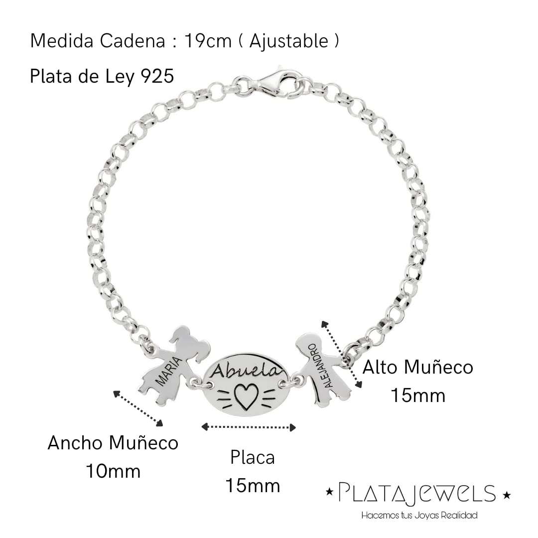 Pulsera Personalizada Placa Abuela Nietos de Plata de Ley 925.Pulsera Ideal como Regalo para Abuela. Pulsera con Nombres personalizado de Nietos .Graba de1 a 4 Nombres. Ajustable