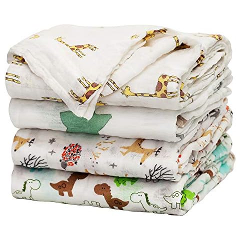 Baby Swaddle Blanket Upsimples Unisex Swaddle Wrap Soft Silky Bamboo Muslin Swaddle Blankets Neutral Receiving Blanket for Boys and Girls, 47 x 47 inches, Set of 4 - Fox/Elephant/Giraffe/Dinosaur Cover