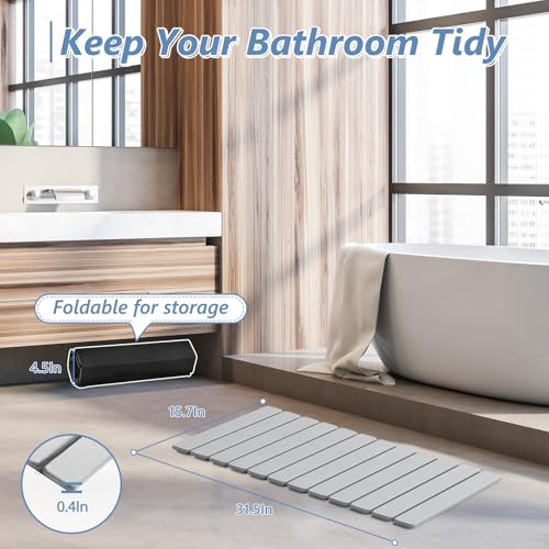 Image of AWW Foldable Stone Bath Mat, Diatomaceous, 31.5 inchx15.7 inch, Light Grey | Quick-dry surface, super absorbent, easy-clean finish, non-slip mat included, and compact storage for small bathrooms