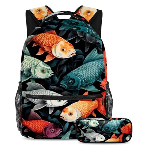Sac à dos avec trousse à crayons grand sac d'école fille garçon motif poisson rouge