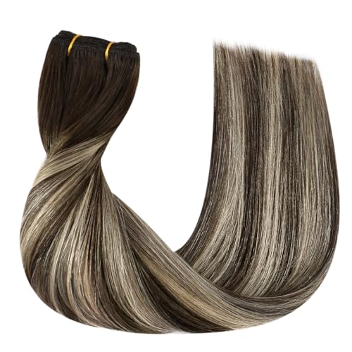 Image of Full Shine 20 Inch Weft Hair Extensions 105G Invisible Sew In Remy Hair | Color 2 /60 /2 Dark Brown To Platinum Blonde Mix, Invisible Sew In, Add Volume, Date Night, Event Styling