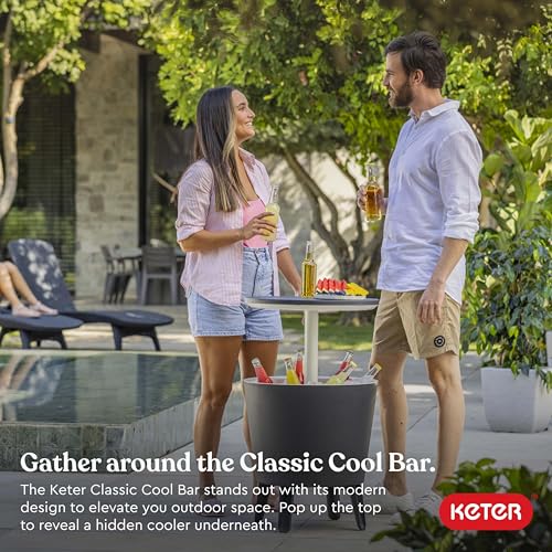 Keter Modern Cool Bar Outdoor Patio Furniture and Hot Tub Side Table with 7.5 Gallon Beer and Wine Cooler, Dark Grey
