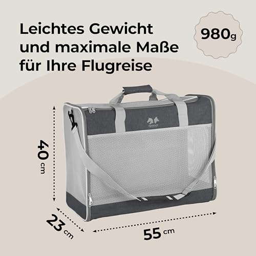 EQUICANI® Hundetasche 55x40x23 cm Flugzeug Faltbare leichte Tragetasche mit Netzstoff, Tragegurt und abnehmbaren Boden für Hund & Katze | Haustier Hundetragetasche für Reisen, Auto, Fliegen (Grau)