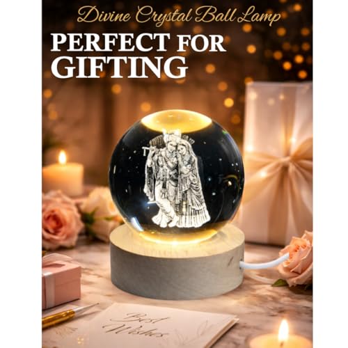 Image of 3D Radha Krishna Crystal Ball Night Light lamp, LED Illuminated Glass Globe with Wooden Base, Decorative Figurine with Etched Design for Home, Office, Birthday Gift, USB Powered