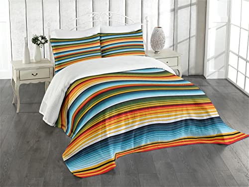 Lunarable Striped Bedspread, Mexican Inspirations In Hand Made Horizontal Lines Woven Ornamental Style, Decorative Quilted 3 Piece Coverlet Set With 2 Pillow Shams, King Size, Blue Green #TOP14