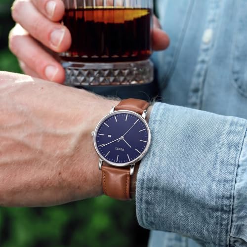 Image of BUREI Men's Fashion Minimalist Wrist Watch Analog Date with Leather Strap