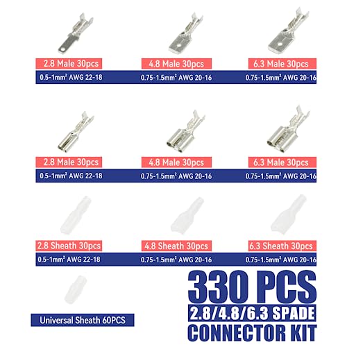 ymyp pince à sertir 0,25 1,5mm² 9 types 330pcs mâle/femelle spade connecteur electriques 2,8mm, 4,8mm et 6,3mm de crimper,pour connecteurs amp te 2,8/4,0/4,8/6,3 jst sm2,54 / xh2,54 / vh3,96 et molex