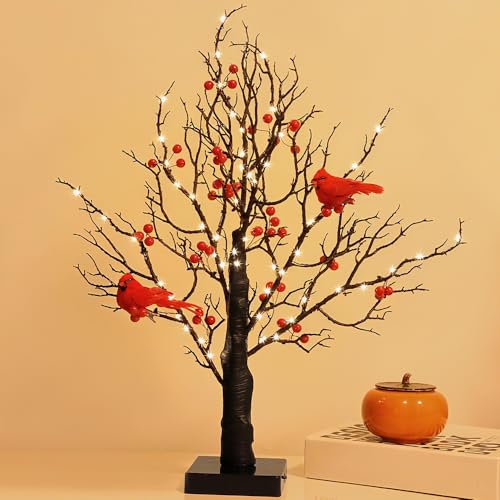 Vintage Glowing Tree with Cardinals 21in LED Vintage Glowing Tree Battery Powered LED Twinkle Trees Lamp with Lighted Branches Gifts for Women for Christmas Halloween Thanksgiving Home Dcor