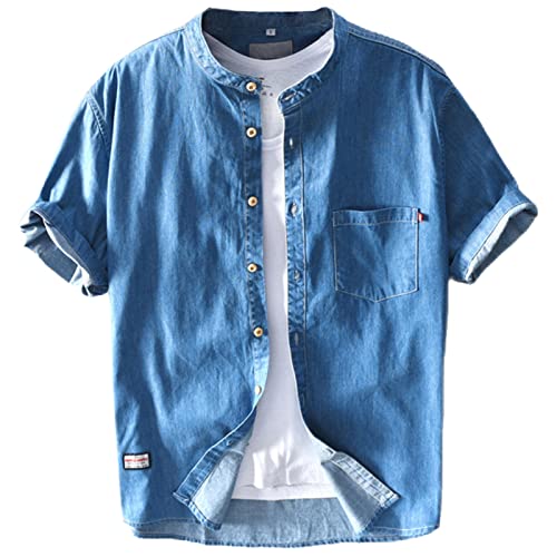 GIBZ Camisa de Mezclilla para Hombre Algodón Informal con Botones Manga Corta Camisas de Verano, Azul Marino, XXL