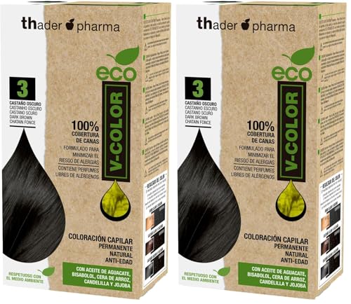 Thader Pharma ECO V-Color Kit de Coloración Capilar Permanente sin amoniaco 100% cobertura de canas, 120 ml (No. 3 Castaño oscuro) (Paquete de 2)