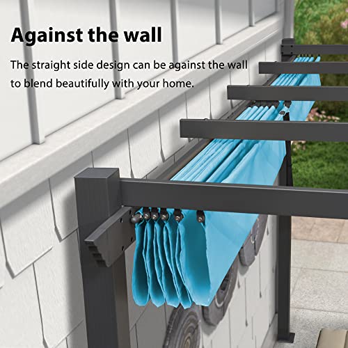 PURPLE LEAF 9.5' X 13' Outdoor Retractable Pergola Against The Wall with Shade Canopy Patio Aluminum Shelter for Garden Pavilion Grill Gazebo Modern Backyard Metal Grape Trellis Pergola Turquoise Blue