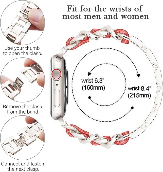 Bands Compatible with Apple Watch 49mm 46mm 42mm 45mm 41mm 44mm 40mm 42mm, Metal with Leather Chain Replacement Strap for iWatch Series 10/9 / 8/7 / 6/5 / 4/3 / SE/Ultra Women Men - Image 6