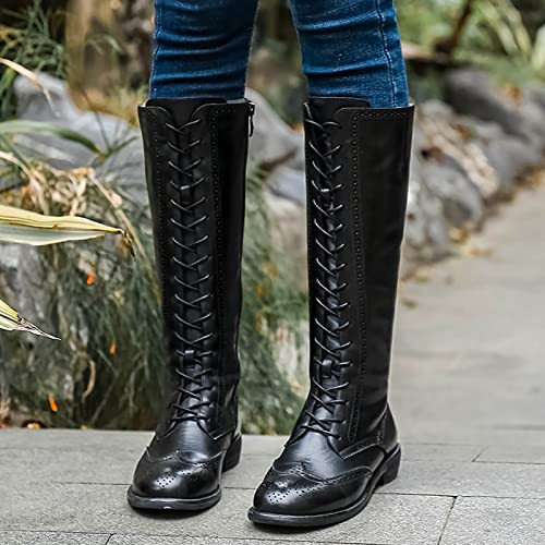 Women's Boots Winter Block Heel Square Toe Lace-Up Biker Booties Mid-Calf Boots,Black,35 #TOP3