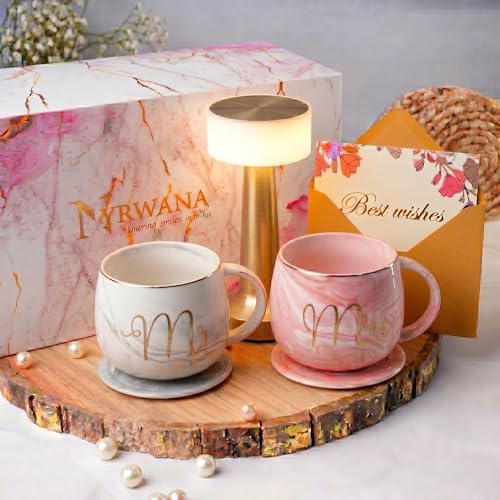 Image of NYRWANA Coffee Mug 250 ml & Table Lamp 2000mAh Battery Combo Stepless Dimming, 3 Colour Touch Control, USB-c Charging, Mr & Mrs Set of 2 Coffee Mugs