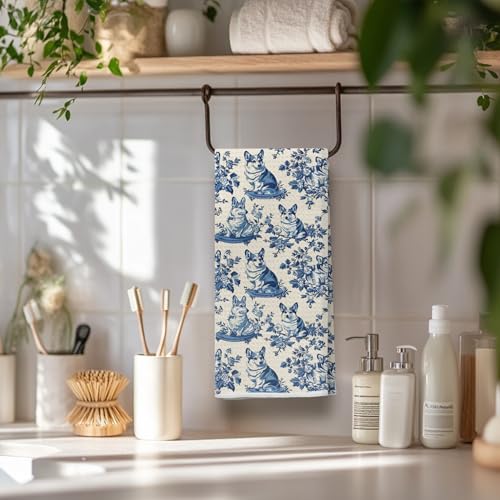 Image of Chinoiserie Corgi Dog Kitchen Towels, Gifts for Corgi Lovers Dish Tea Towels for Kitchen Decor, Grandmillennial Toile de Jouy Dog Decorative Hand Towels for Bathroom, 16x24 Inch