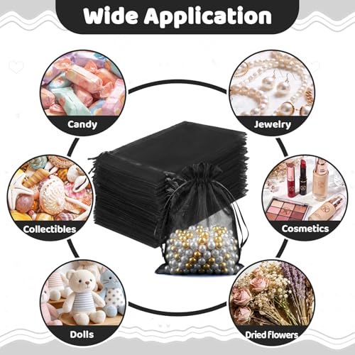 Image of FUNFERY 100Pcs Black Organza Bags 4x6 in,Small Mesh Drawstring Gift Bag | Little Jewelry Bags for Wedding Party Favors, Mini Drawstring Pouch for Sachet, Candy, Goodie, Treat Bag for Easter Day