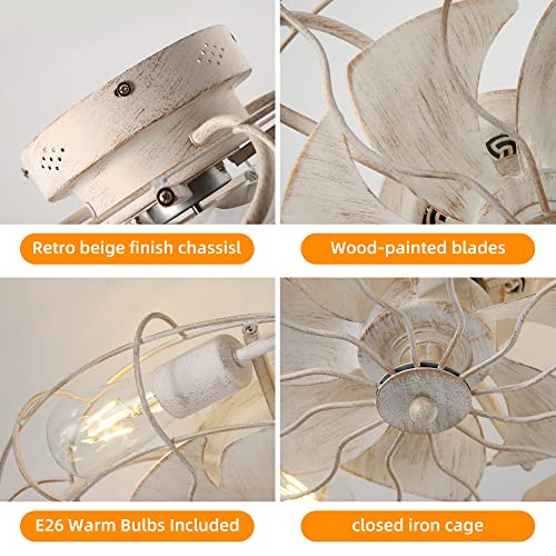 Small Rustic Rust Beige Caged Ceiling Fan With Lights And Remote , 7 Retro Wood Abs Blades, 5 E26 Warm Bulbs Included, Indoor Multi-Speed Reversible 20" Low Profile Enclosed Mid-Century Fan Light #TOP1