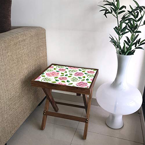 Image of Nutcase Designer Teak Wood Side Table Folding Wooden Bedside Coffee Outdoor Picnic Table - Pink Florals