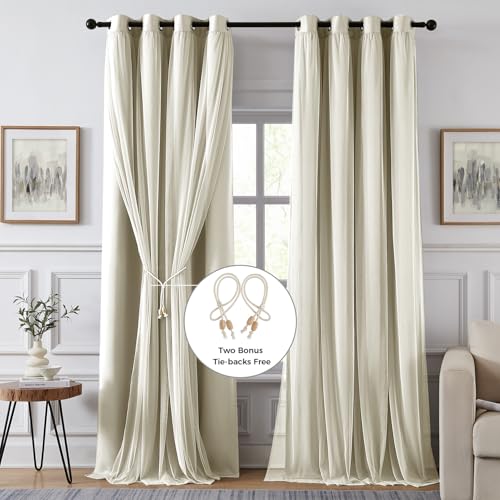 Image of 100% Blackout Curtains for Bedroom, Double Layer Beige Curtains, Black Out Curtain 108 inch long With Sheer Overlay for Living Room, Room Darkening Window Drapes with Grommet, 52 inchW x 108 inchL