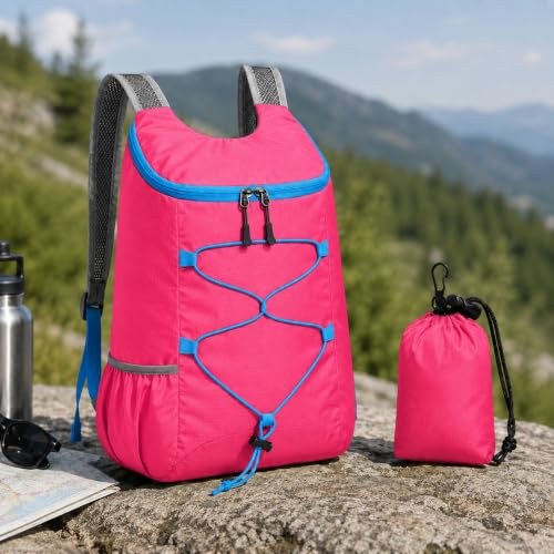 Mochila dobrável leve para viagens, caminhadas e uso ao ar livre, mochila compacta embalável com alças de ombro ajustáveis e design de armazenamento fácil de organizar, fúcsia