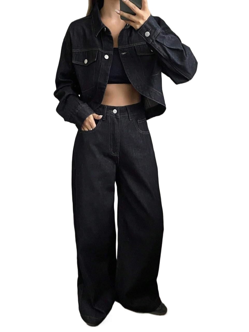 Womens two-piece pants suit Womens Denim Jacket With Collar And Loose Straight Leg Jeans Set
