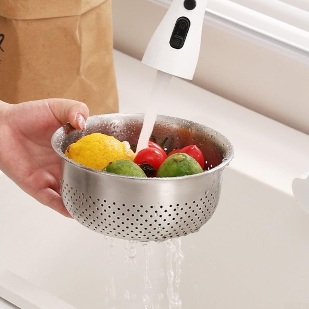 Juego de colador de acero inoxidable, 2 piezas de colador de frutas y verduras con cuenco medidor, cesta de drenaje de pasta para uso en cocina y campamento (M)