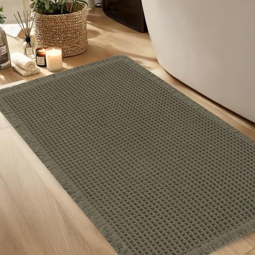 Hiasan Waffle Bath Mat, Super Absorbent Non Slip Bathroom Boho Rug with Tassels, Machine Washable Bath Mats for Bathroom, Ultra Soft Rubber Backed Rug, Grayish Green, 24 x 60 Inches