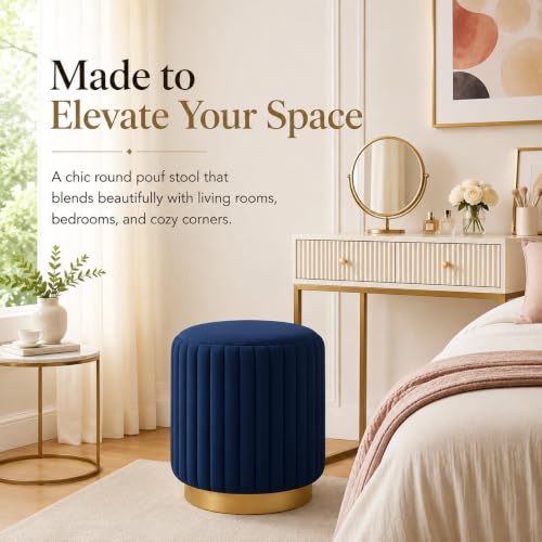 Image of Designer Velvet Round Footstool Ottoman with Sturdy Gold Metal Band Base for Home Decor & Extra Seating, Lightweight Pouf Stool for Sofa Side & Bedroom, 16x16x17 Inch (Royal Blue)