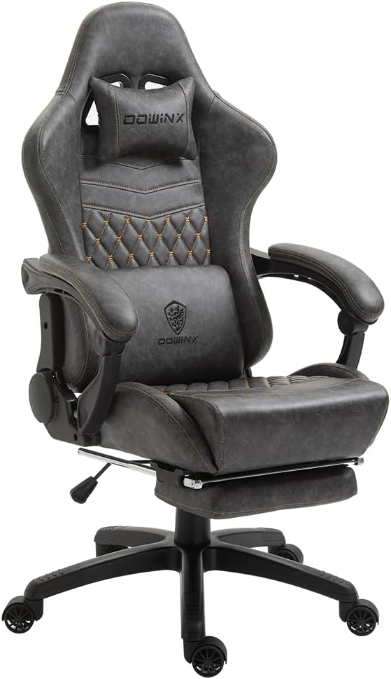 Dowinx Adjustable Gaming Chair PC Gaming Chair with Foot Rest, Gamer Chair with Massage Lumbar Support, Ergonomic PU Gamer Seat with Headrest, Racing Style Chair (Grey)