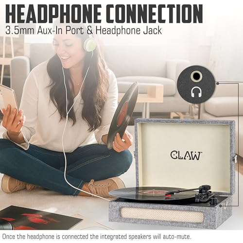 Image of Claw Stag Retro Vinyl Record Player with Bluetooth 5.3, 10W Stereo Speakers, 33 /45 /78 RPM, USB Recording, AUX-in, RCA Out, Headphone Jack, Volume Knob & Playback Buttons | Grey