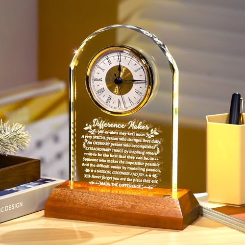 Image of Ornalrist Difference Maker Clock Gifts for Men Women Glass Clock Keepsake with Wooden LED Base Thank You Appreciation Gifts for Boss Teacher Employee Coworker Mentor Motivational Office Desk Decor