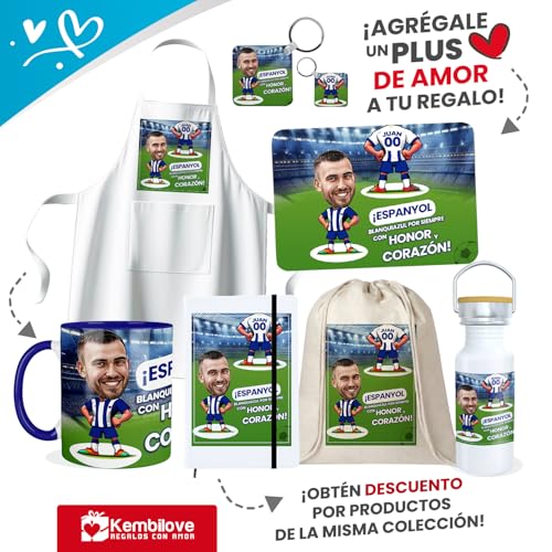 Kembilove Cojín Personalizado Espanyol con Caricatura | Almohada con Foto Nombre y Número | Regalo para Aficionados Pericos | Decoración Ideal para Fans del RCD Espanyol