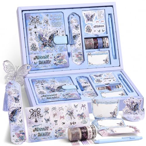 Image of PLUSPOINT Butterfly Aesthetic Scrapbook Kit for Girls - A5 Lock Diary with Stickers, Washi Tape, Memo Pads & Pen, Kawaii Journal Stationery Gift Set for DIY Scrapbooking