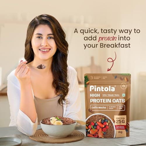 Image of PINTOLA 25g High Protein Oats 1kg, Caffe Mocha, No Refined Sugar, with Almonds & Raisins, High Fibre, Rolled Oats, Breakfast Cereals, Gluten Free (Pack of 3)