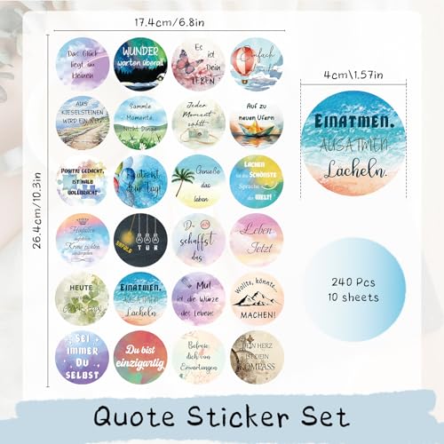 240 Stück Sticker Sprüche, 4 cm Motivationssticker Deutsch, Spüche Aufkleber Bunt, Inspirierende Aufkleber mit Positiven Sprüchen für Geschenk Fotoalbum Scrapbook Umschlag