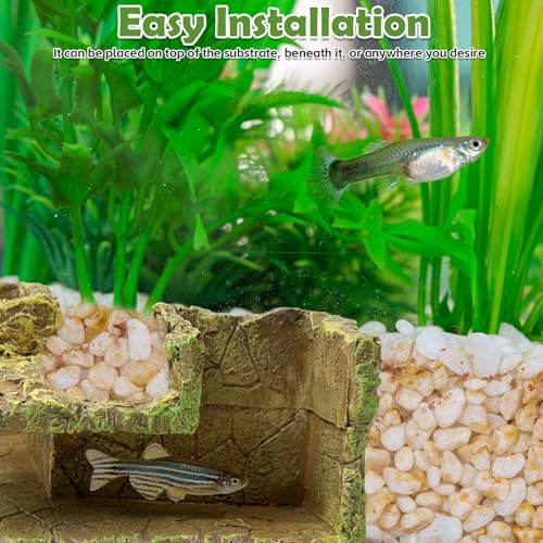 kathson Aquarium Hideaway Cave Underground Tunnel Hideout Wood-Like Fish Tank Cave for Corners View Fish in Aquarium Decoration with 2PCS Plastic Aquatic Plants for Betta Shrimp Guppy Hide - Thumbnail 7