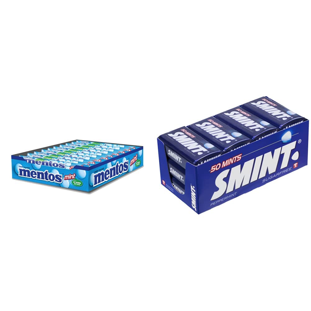 Mentos Menta, Caramelo Masticable - 20 unidades de 38 gr (Total 760 gr) & Smint Tin Menta, Caramelo Comprimido Sin Azúcar - 12 unidades de 35 gr. (Total 420 gr.)