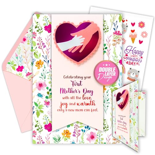 Decorably Foiled 5x7in Handmade Individual Happy First Mothers Day Card with Heart Cutout & Floral Design, Textured Happy 1st Mothers Day Card with Envelope, Stickers, & Printed Message Inside